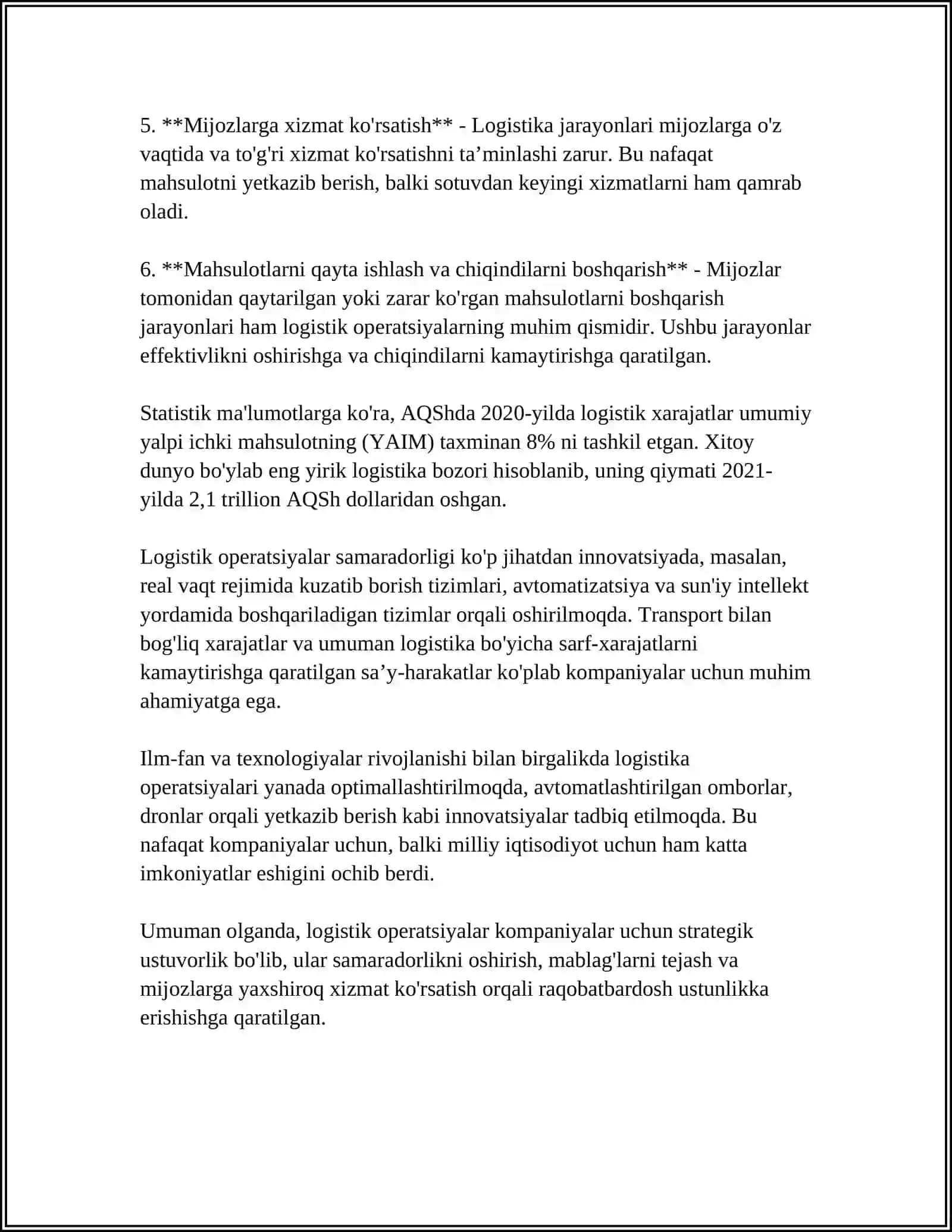 LOGISTIK OPERATSIYALAR VA FUNKSIYALARNING MOHIYATI, ULAR HAJMINI HISOBLASH USULLARI 4