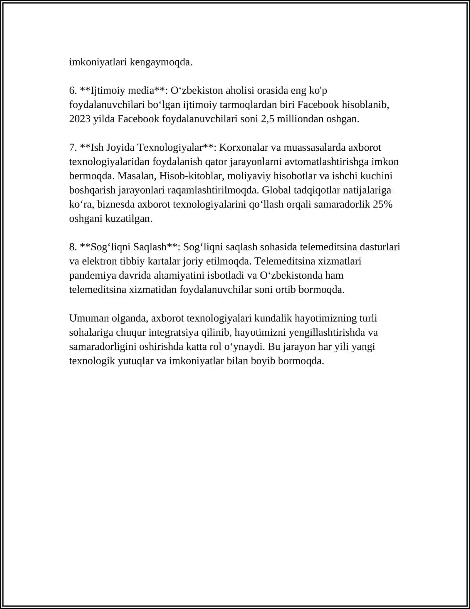 AXBOROT TEXNOLOGIYALARNING HAYOTIMIZDAGI O’RNI 4