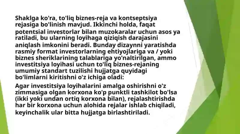 Investitsiya loyihasining biznes rejasi 4