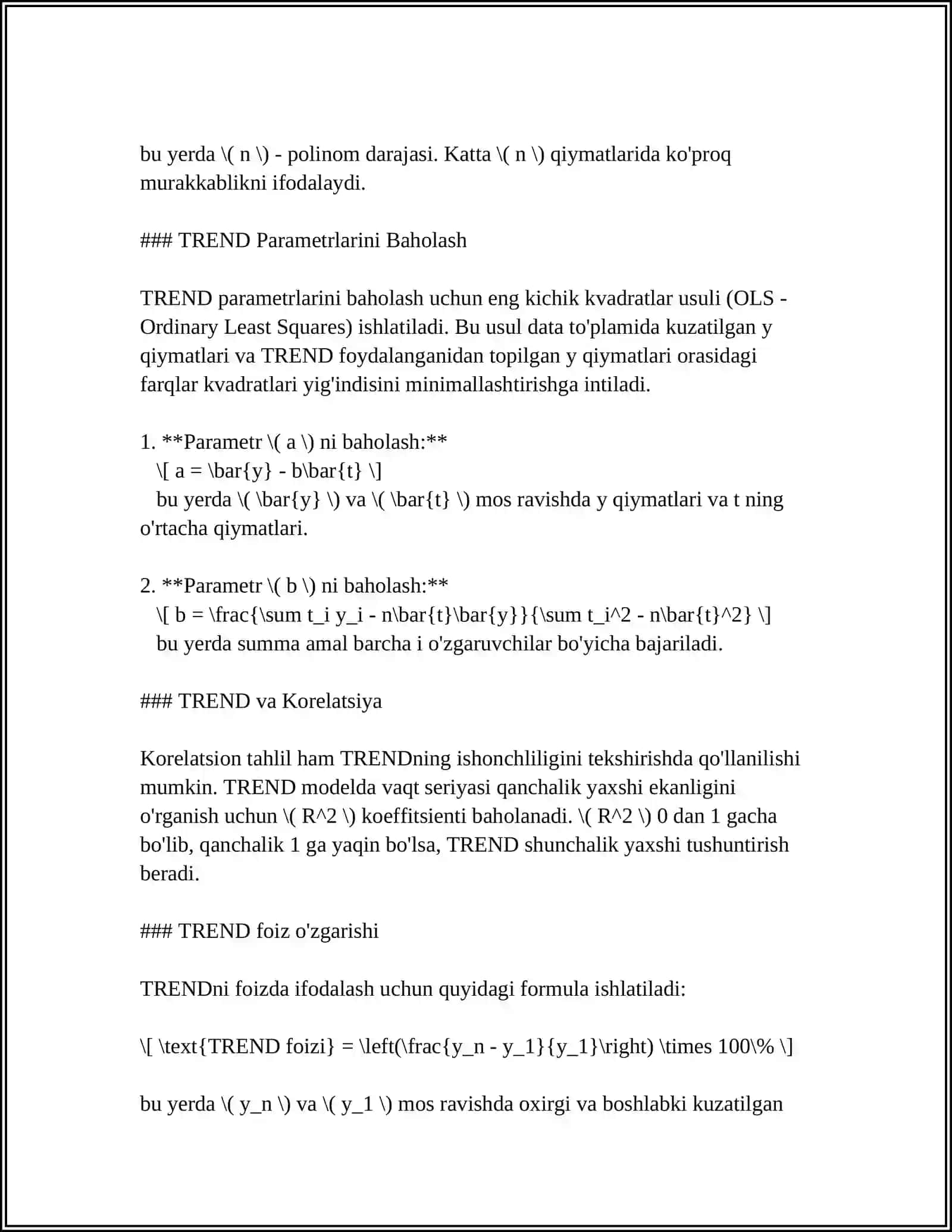 TREND BO'YICHA TENGLAMASI QIYMATLARNI TEKSLASH IMITATSION USULI SENARIY USULI 4