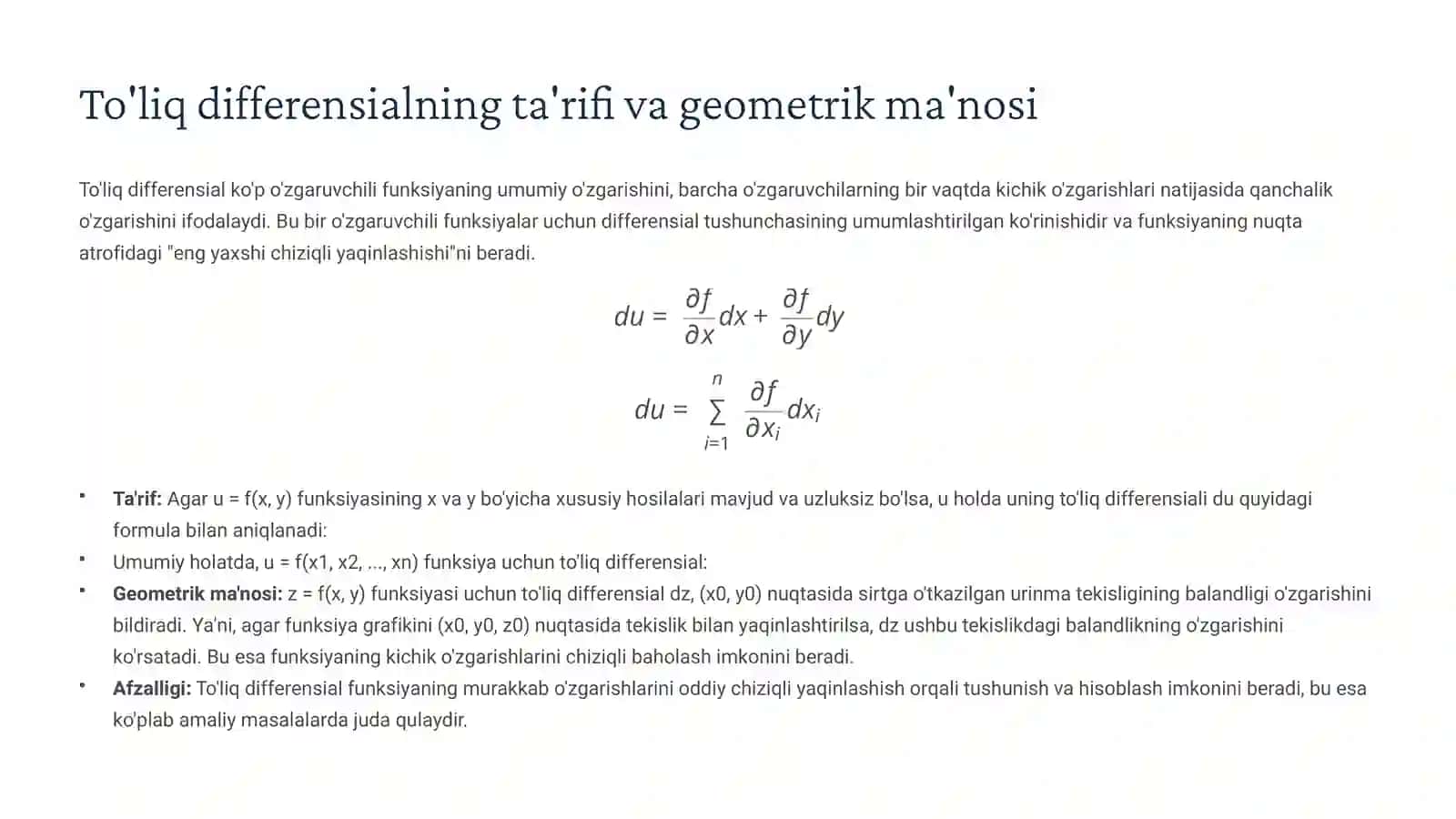 Ko'p o'zgaruvchili funksiya uchun to'liq differensial va invariantlik 4