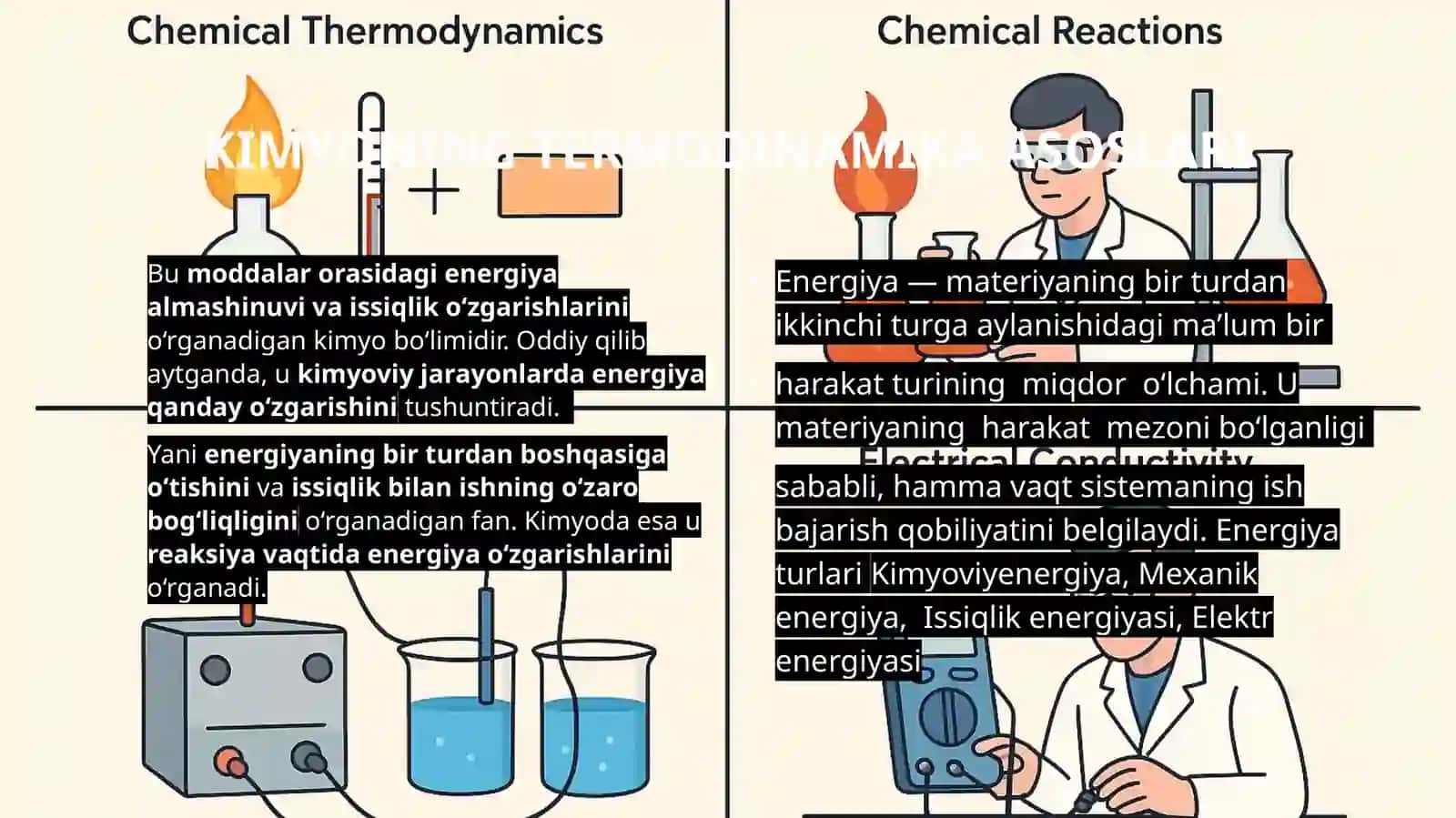Kimyoviy termodinamika asoslari. Kimyoviy reaksiyalarning issiqlik effekti. Elektrkimyo asoslari. Elektro‘tkazuvchanlik. 4