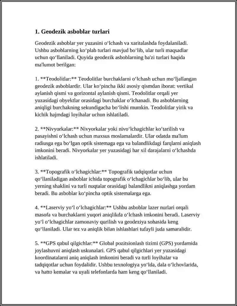 REFERAT Mavzu: GEODEZIK ASBOBLAR KLASSIFIKATSIYASI VA ULARGA QOYILADIGAN TALABLAR 4