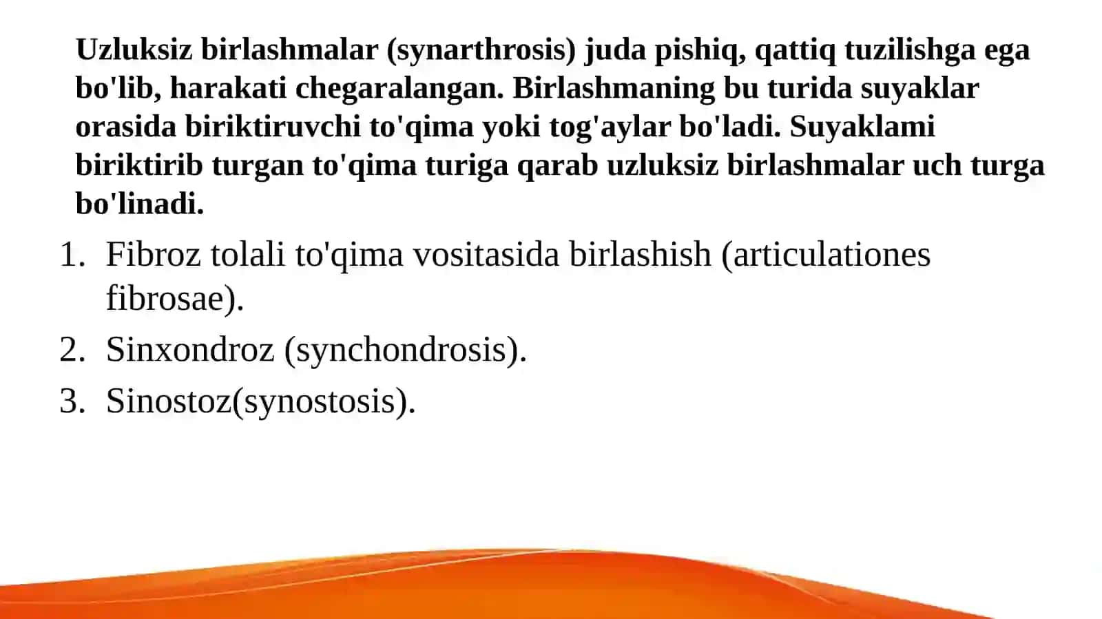 Birlashuvlar.Tana suyaklarini birlashuvi va ularning bolalardagi xususiyatlari.Kalla suyaklarining birlashuvi.Chakka-pastki jag’  bo’g’imi 4