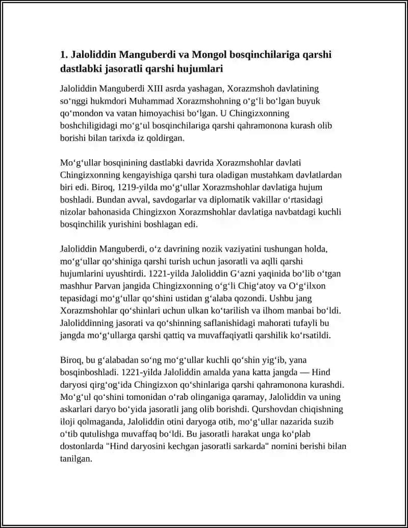 JALOLIDDIN MANGUBERDI VATAN HIMOYACHISI HAQIDA KOʻRSATGAN JASORATLARI 4