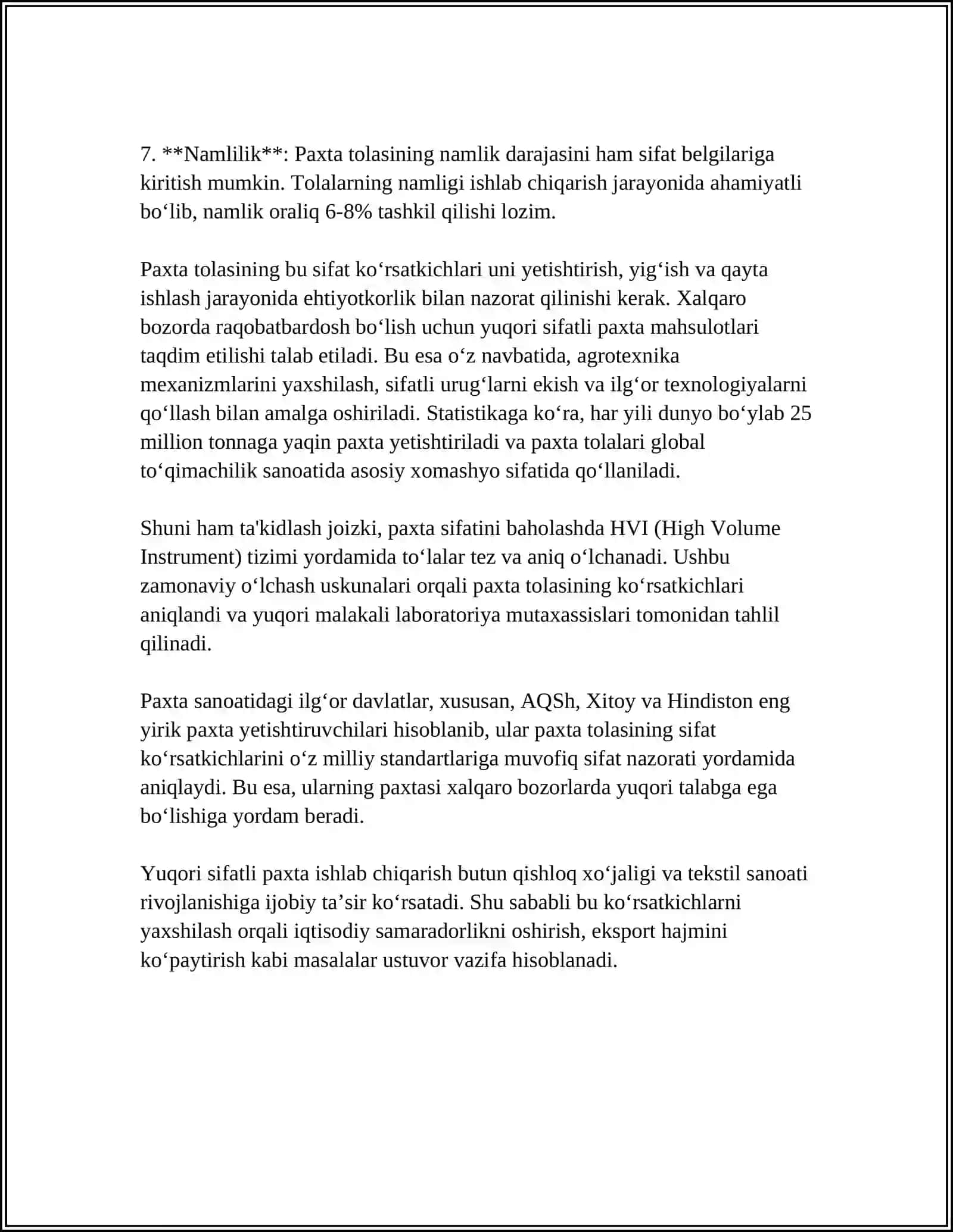 PAXTA TOLASINING SIFATINI BELGILOVCHI STANDARTLAR 4