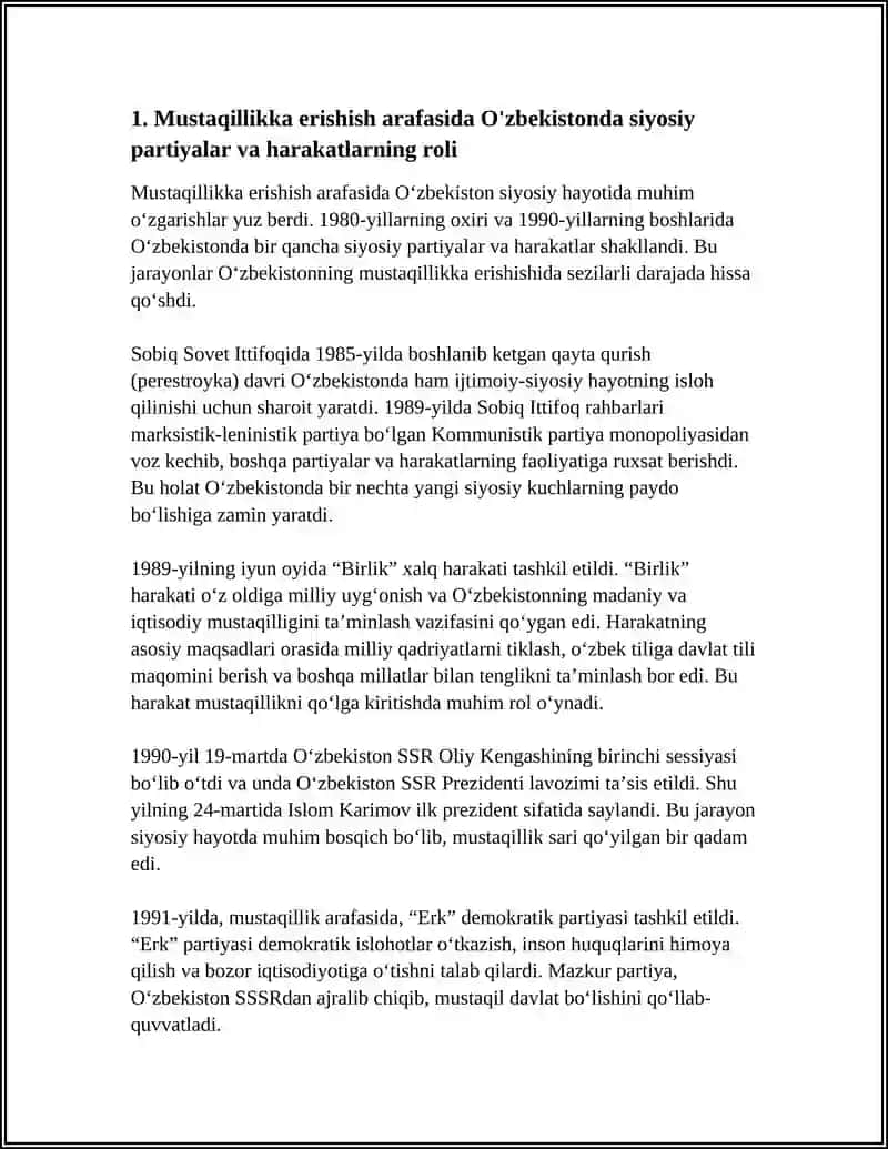 MUSTAQILLIKKA ERISHISH ARAFASIDA O'ZBEKISTONDAGI IJTIMOIY-SIYOSIY JARAYONLAR. “MUSTAQILLIK DEKLARATSIYASI” (1990 YIL 20 IYUN), UNING MOHIYATI VA TARIXIY AHAMIYATI 4
