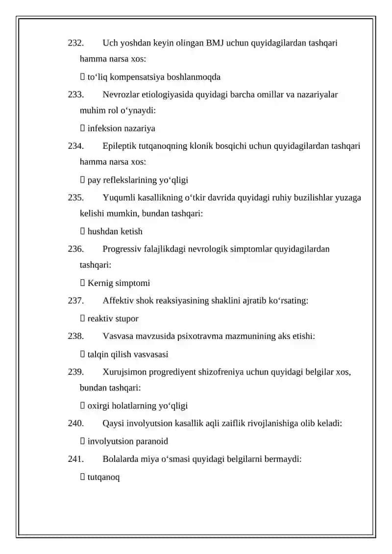 PSIXIATRIYA MUTAXASSISLIGI BOʻYICHA SHAKLLANTIRILGAN TEST SAVOLLARINING JAVOBLARI 4