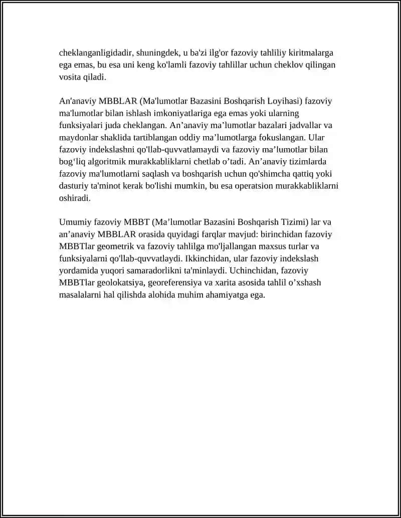 FAZOVIY MA'LUMOTLARNI QO'LLAB-QUVVATLAYDIGAN MBBT (POSTGIS, ORACLE SPATIAL, MYSQL SPATIAL) 4