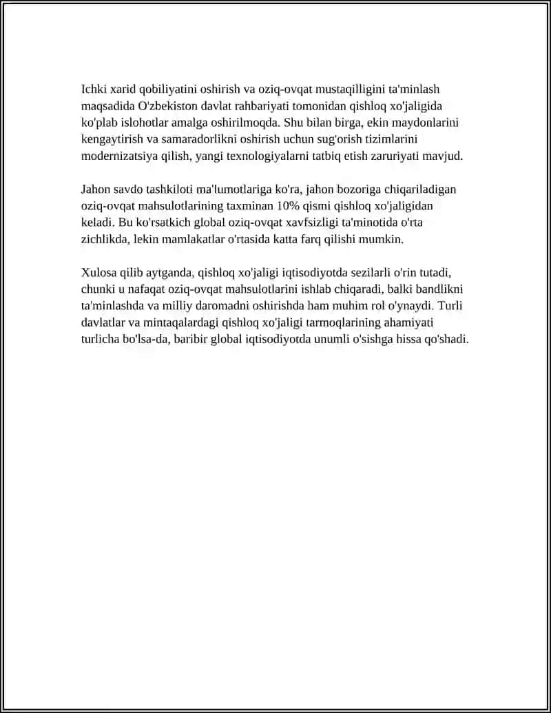 ÔZBEKISTONDA IQTISODIYOTIDA QISHLOQ XO'JALIGINING O'RNI.AGRAR ISLOHOTLARU 4