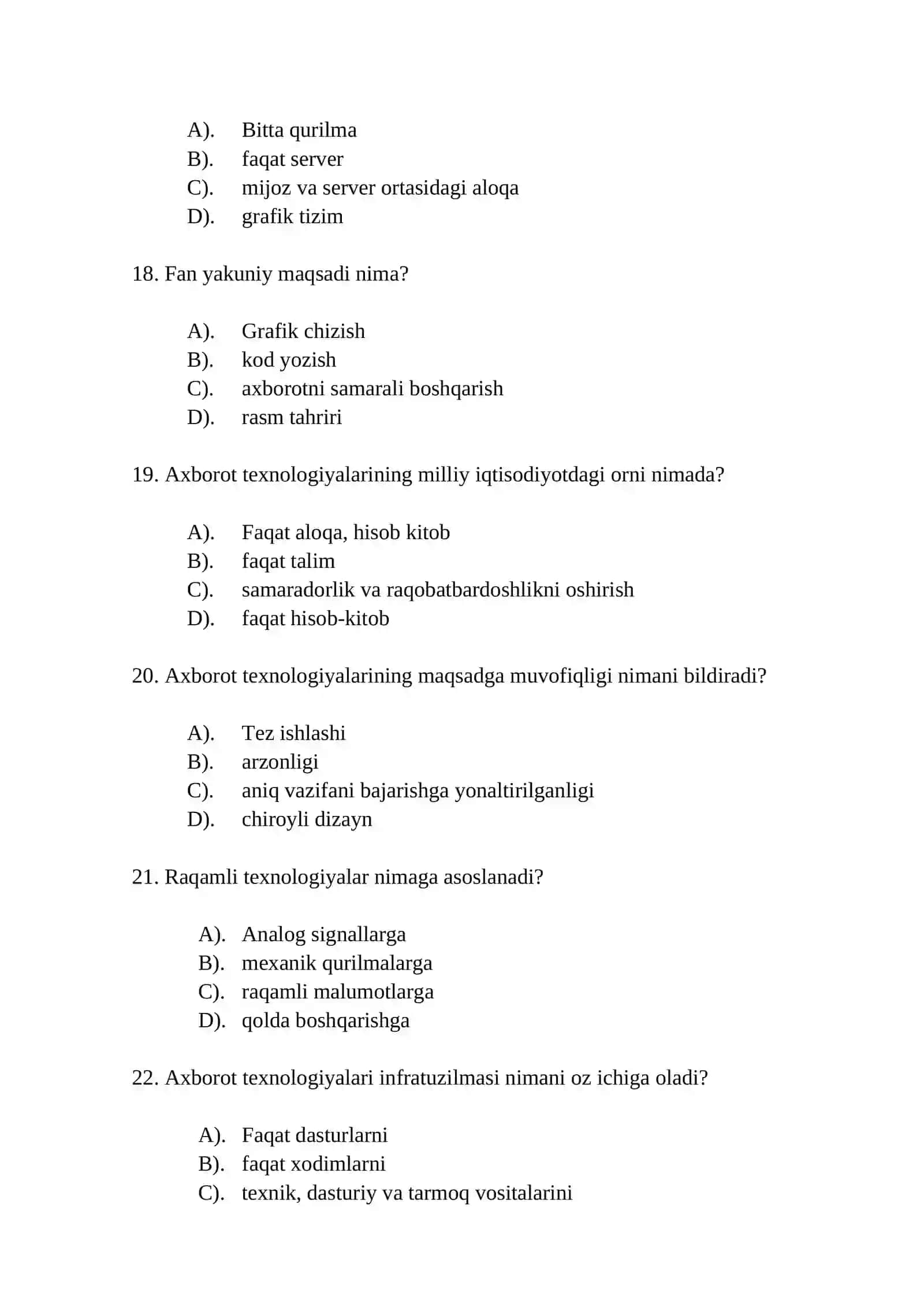 Iqtisodiyotda axborot kommunikatsiya texnologiyalari” fanidan o‘tkaziladigan  YAKUNİY TEST 4