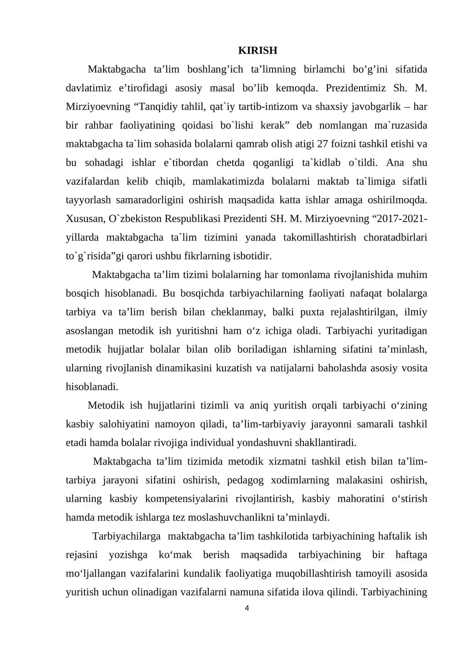 “Maktabgacha talim tashkiloti tarbiyachisining metodik ish hujjatlarini yuritish tartibi” mavzusidagi Malaka ishi 4