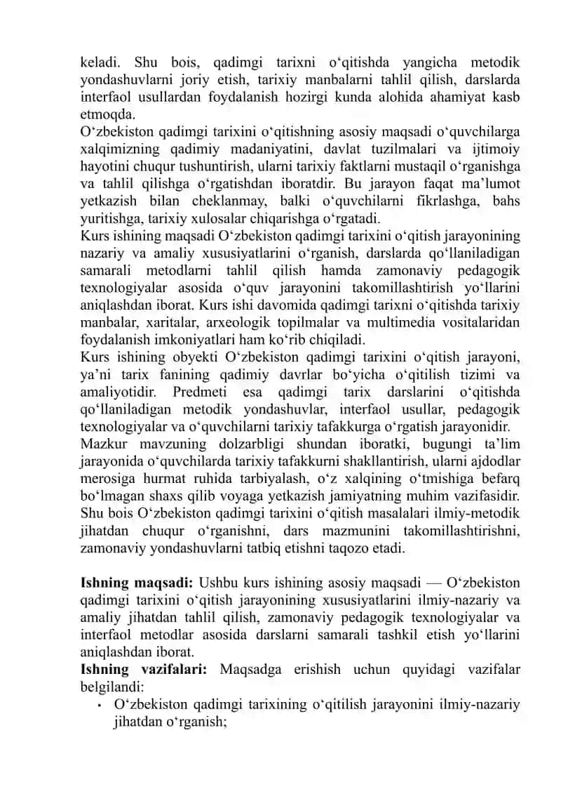O'zbekiston Qadimgi tarixi darslarini o‘qitish hususiyatlari Kurs ishi 4