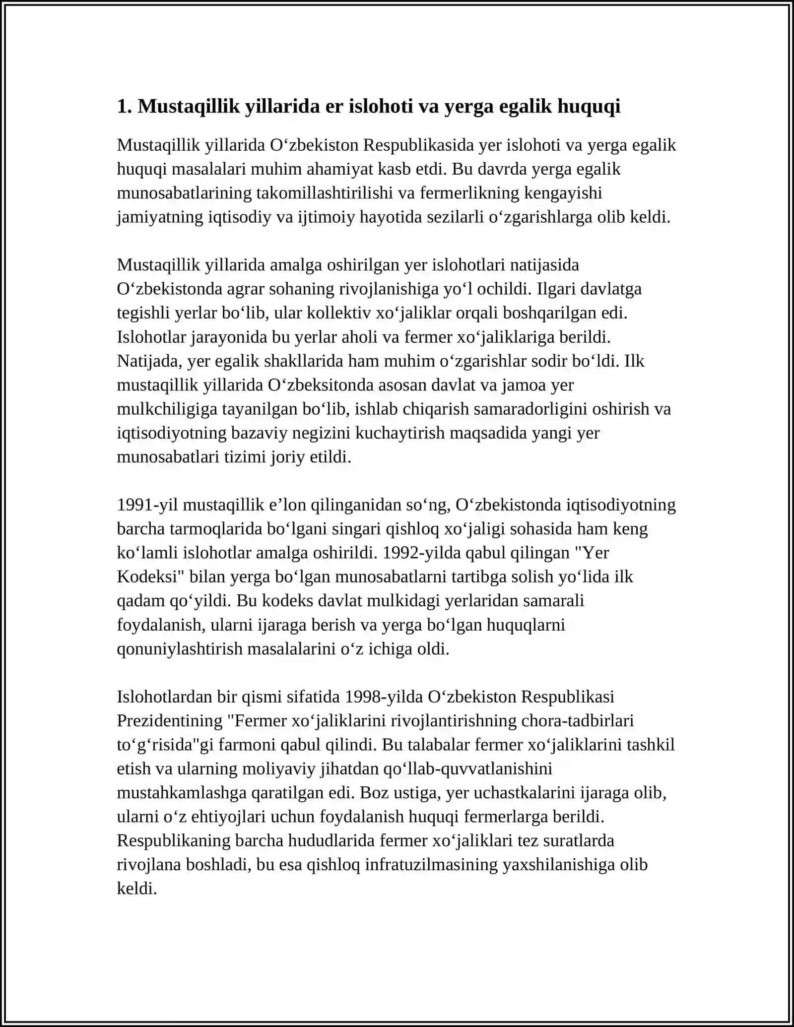 MUSTAQILLIK YILLARIDA YERGA BO‘LGAN MULKCHILIK MUNOSABATLARI VA FERMERLIKNING KENGAYISHI 4
