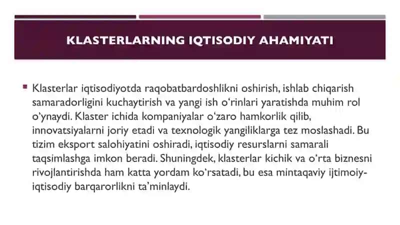 O’zbekistonda klaster nazariyasi va amaliyoti. Paxta tozalash va to’qimachilik sanoatida klaster 4