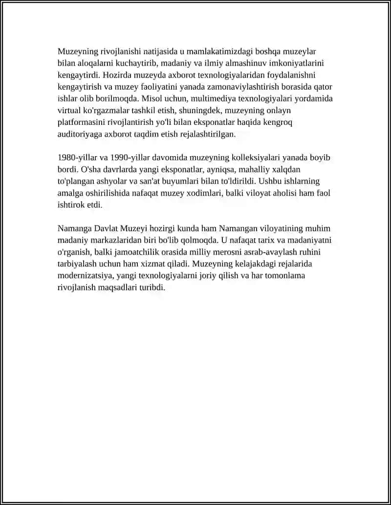 Mavzu: NAMANGA DAVLAT MUZEYIDA AMALIYOT VA SHU MUZEY HAQIDA MA'LUMOTLAR 4
