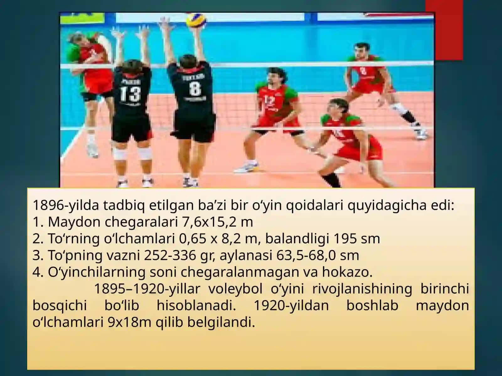 Fan: Jismoniy tarbiya nazariyasi va metodikasiVoleybol o‘yinining kelib chiqish va rivojlanish tarixi 4