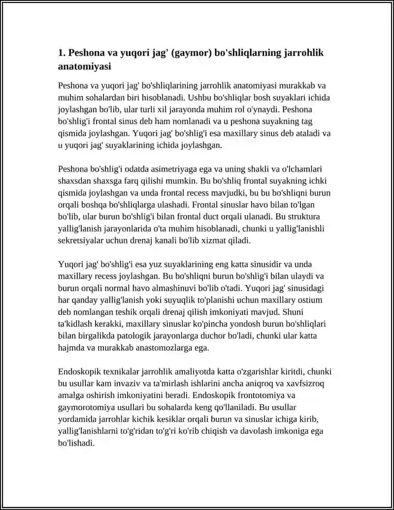 PESHONA VA YUQORI JAG' BO'SHLIQLARINI OCHISH TEXNIKASI. ENDOSKOPIK FRONTO- VA GAYMOROTOMIYA USULLARI 4