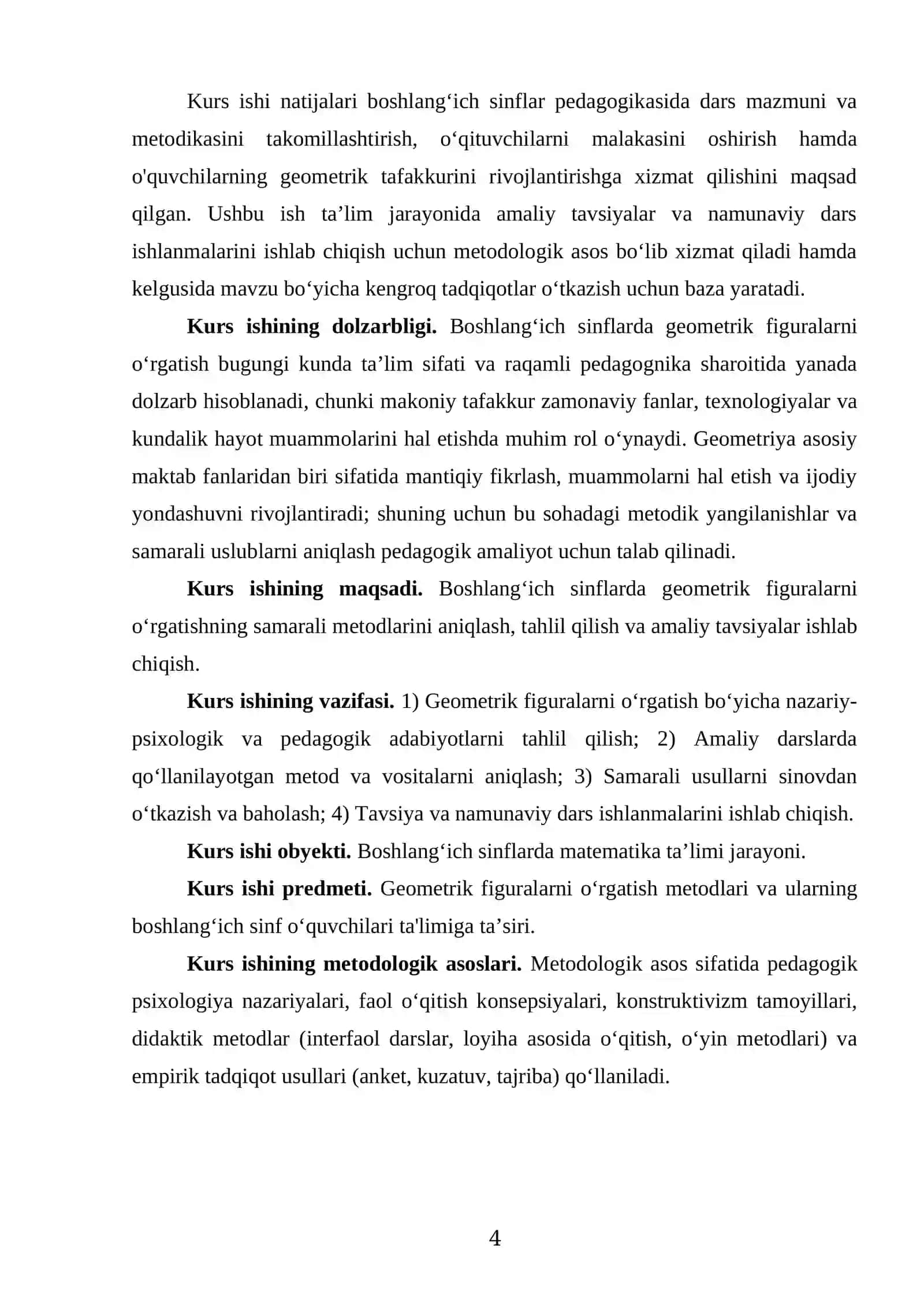 BOSHLANGʻICH SINFLARDA GEOMETRIK FIGURALARNI OʻRGATISH USLUBLARI Mavzusida tayyor kurs ishi 4