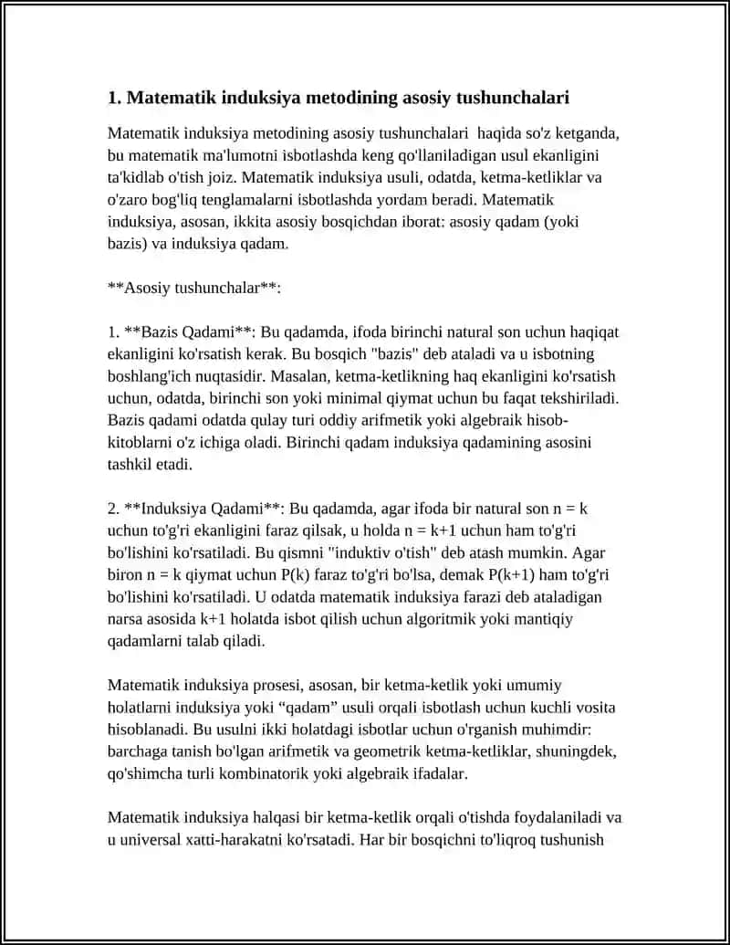 AKADEMIK LITSEYLAR VA KASB-HUNAR KOLLEJLARIDA ''MATEMATIK INDUKTSIYA METODI VA UNING TADBIQLARI '' MAVZUSINI OʻQITISH METODIKASI 4