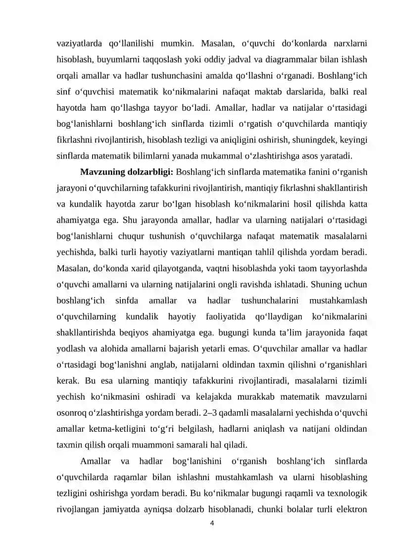 Boshlangʻich sinflarda amallar, hadlar natijalari orasidagi bogʻlanishlar 4