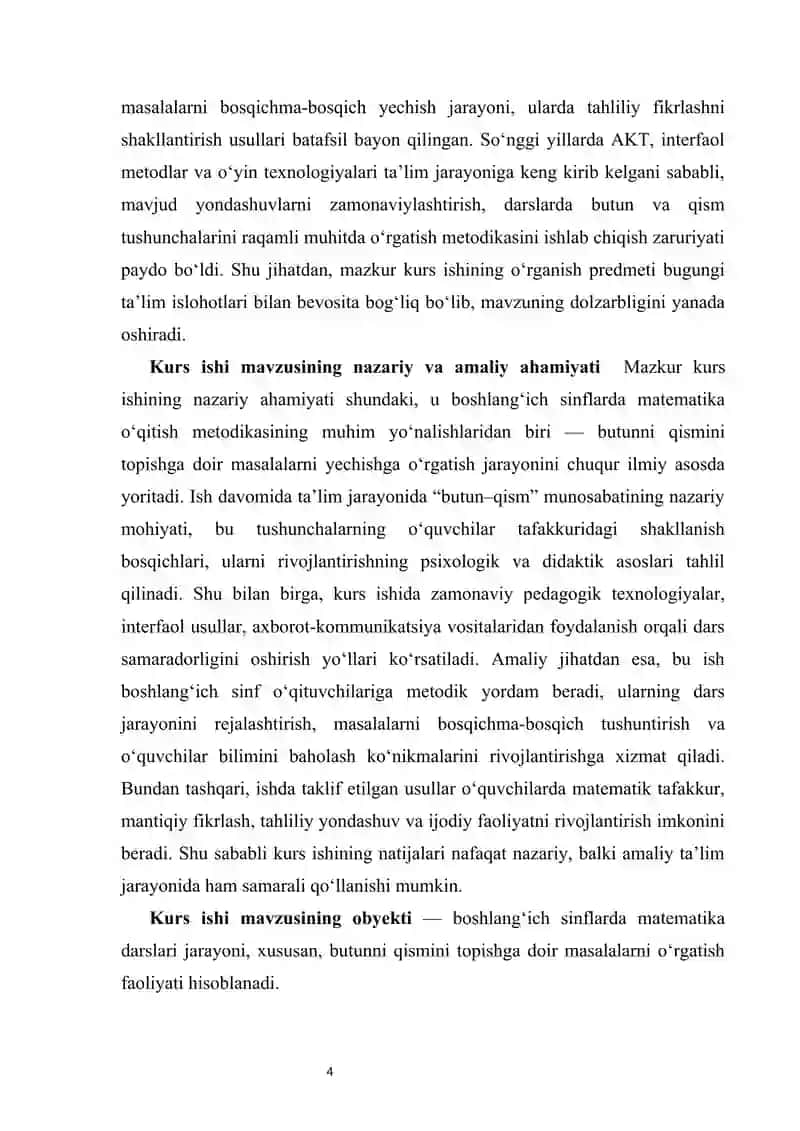 O‘quvchilarni boshlang‘ich sinflarda butunni qismini topishga doir masalalar yechishga o‘rgatish 4