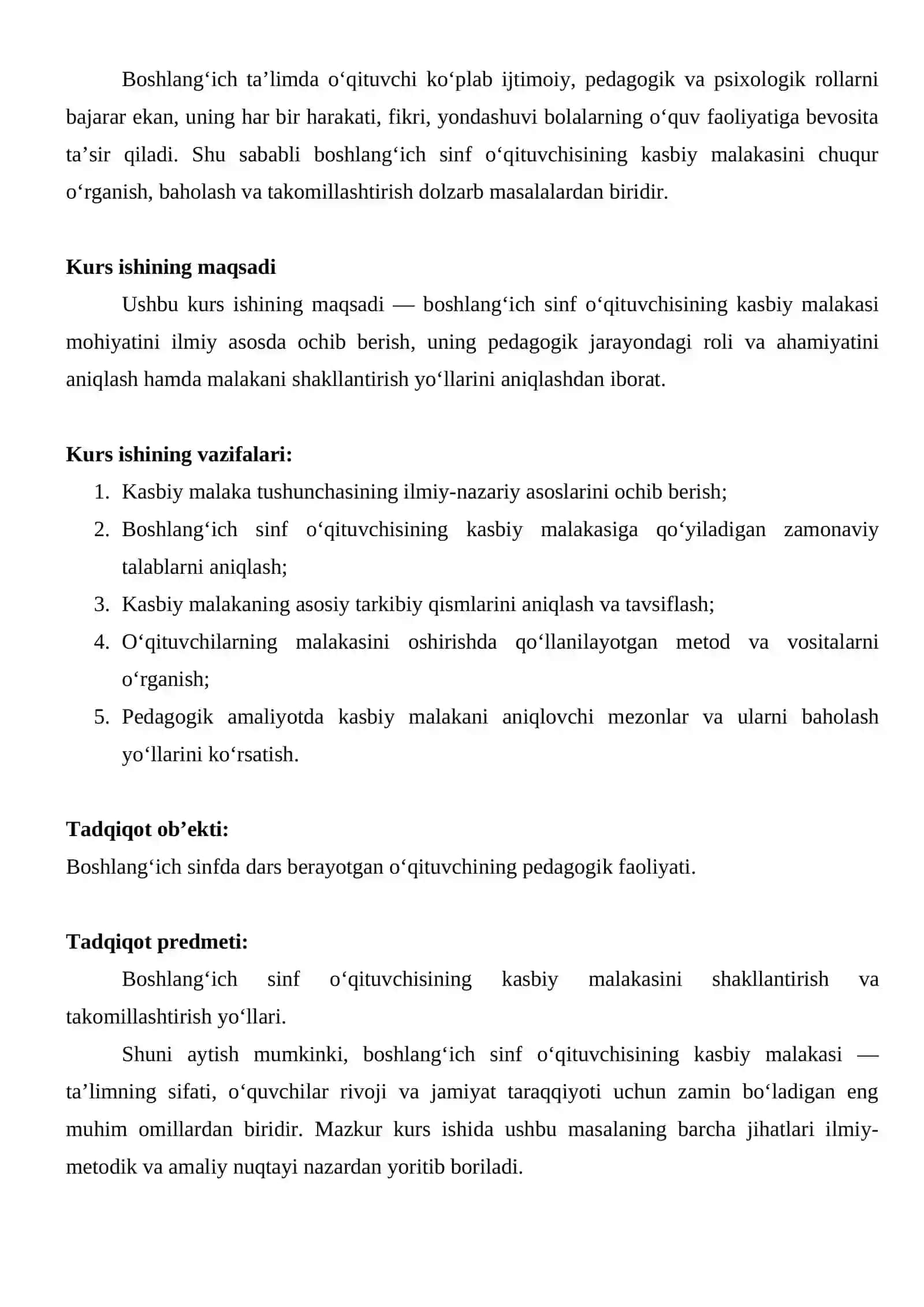 Boshlang’ich sinf o’qituvchisining kasbiy malakasi kurs ishi 4