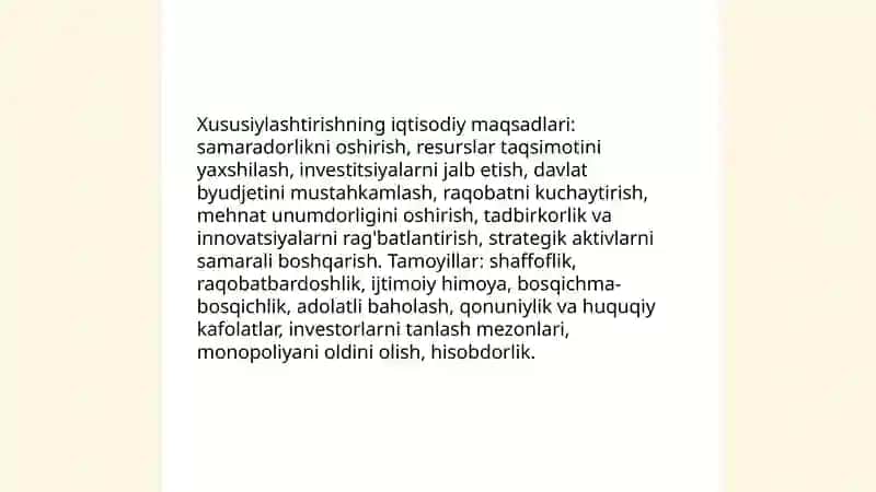 Davlatning mulkini xususiylashtirish va boshqarish siyosati 4