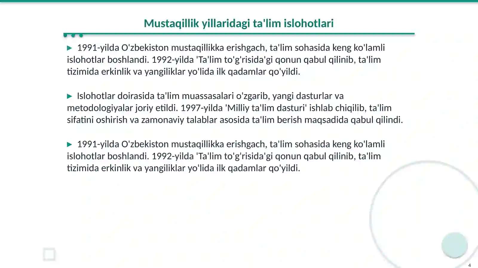 Ozbekistonda mustaqillik yillarida talim va talim sohasidagi yangiliklar 4