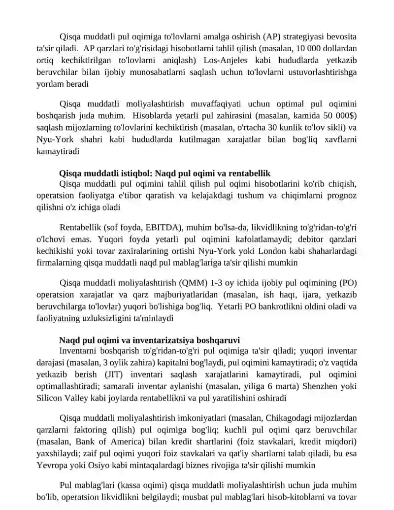 Qisqa muddatli moliyalashtirishda pul oqimining òrni va ahamiyati 4