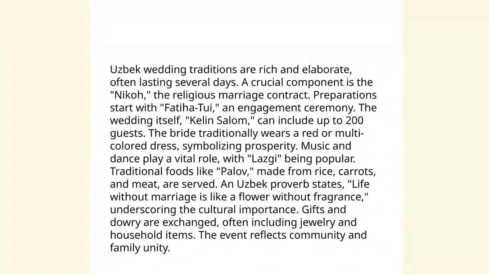 O'zbekistonning urf odatlari, milliy taomlari, geografik joylashuvi, iqlimi, sanoati, milliy boyliklari haqida ma'lumot yig'ish 4