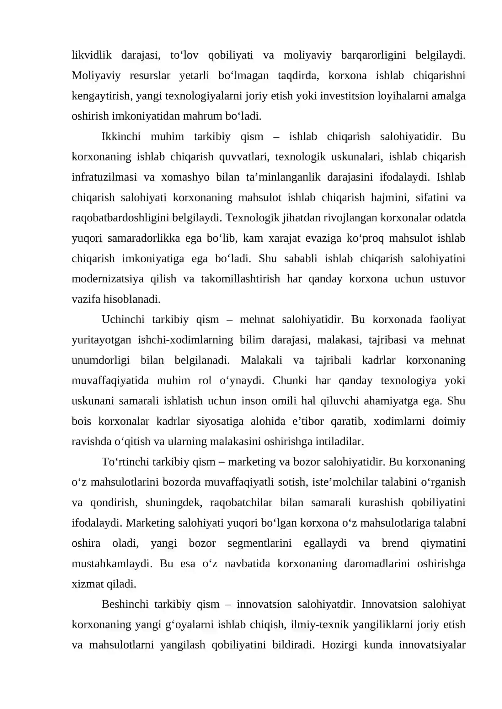 Korxonalar iqtisodiy salohiyati tarkibi koʼrsatkichlar tizimi va samaradorligini tahlili 4