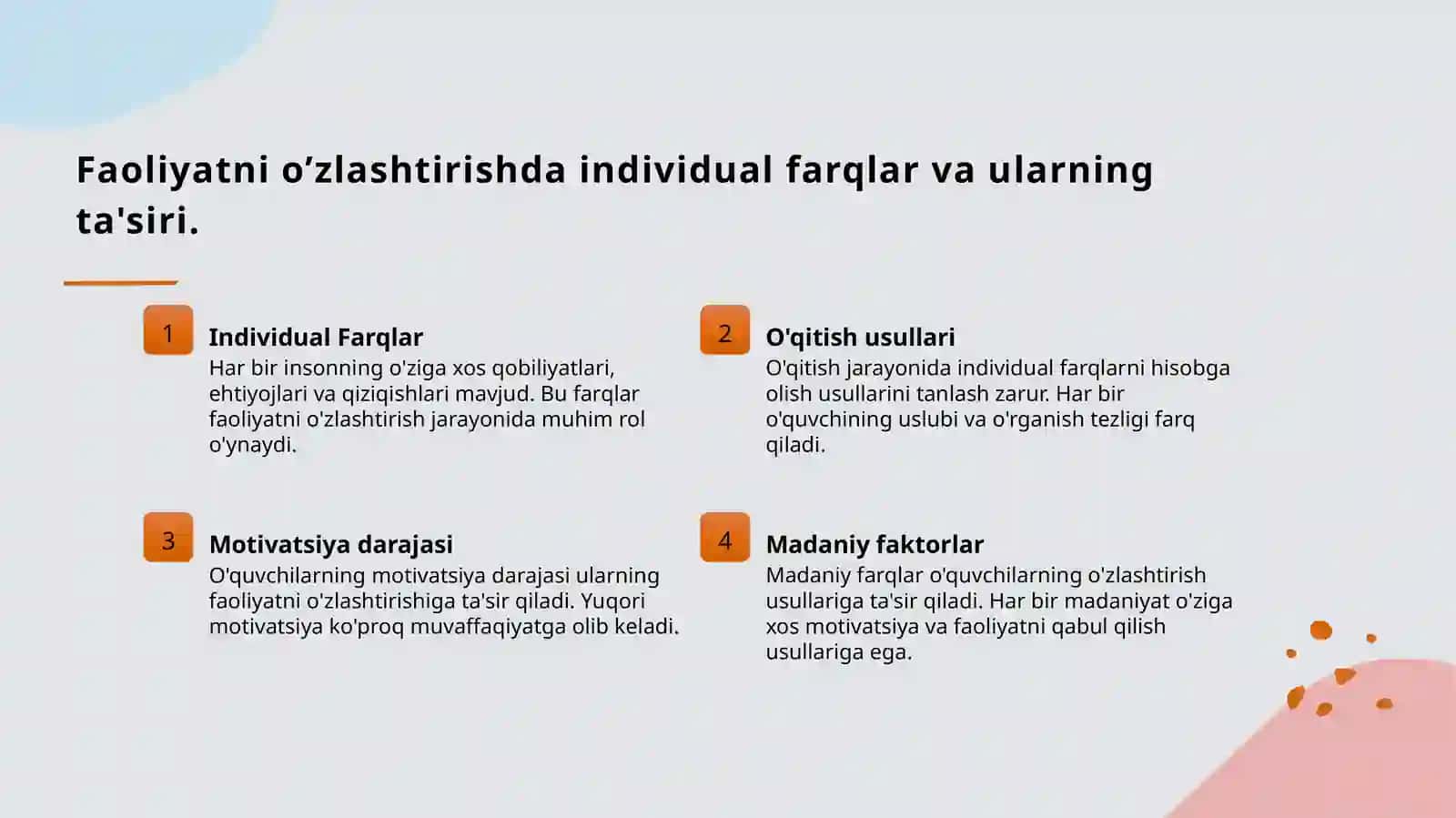 Faoliyatning o’zlashtirilishi va malakalarni egallash. Xorij psixologiyasida motiv va motivatsiya muammosi 4