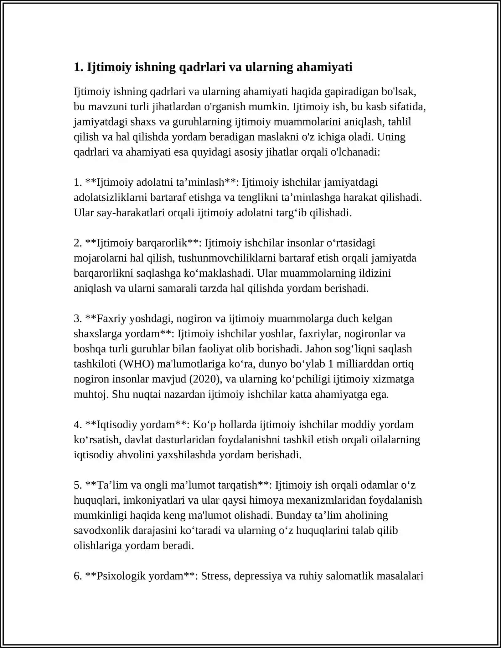 MATNAZARVA MADINA, IJTIMOIY ISHNING QADRIYATI VA SHAXSIY RIVOJLANISHI. REFERAT 4
