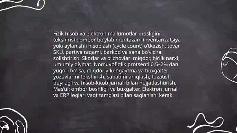 Omborlar va buxgalteriyada tovarlami hisobga olishni tekshirish 4