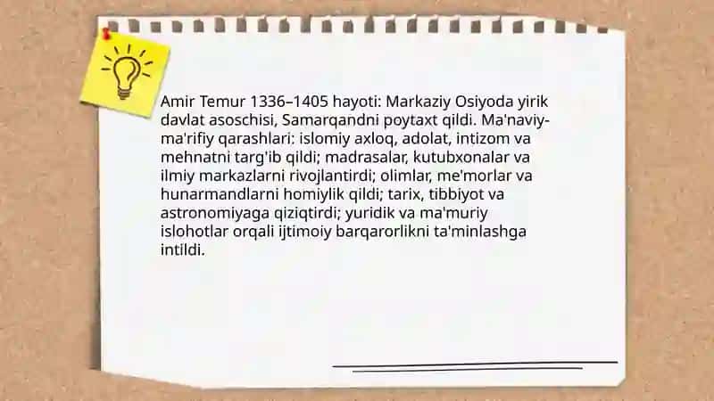 A.Temur,M.Ulug'bek,A.Navoiy,Z.M.Boburlarning ma'naviy-ma'rifiy g'oyalari tahlil qilinib prizentatsiya tayorlash 4