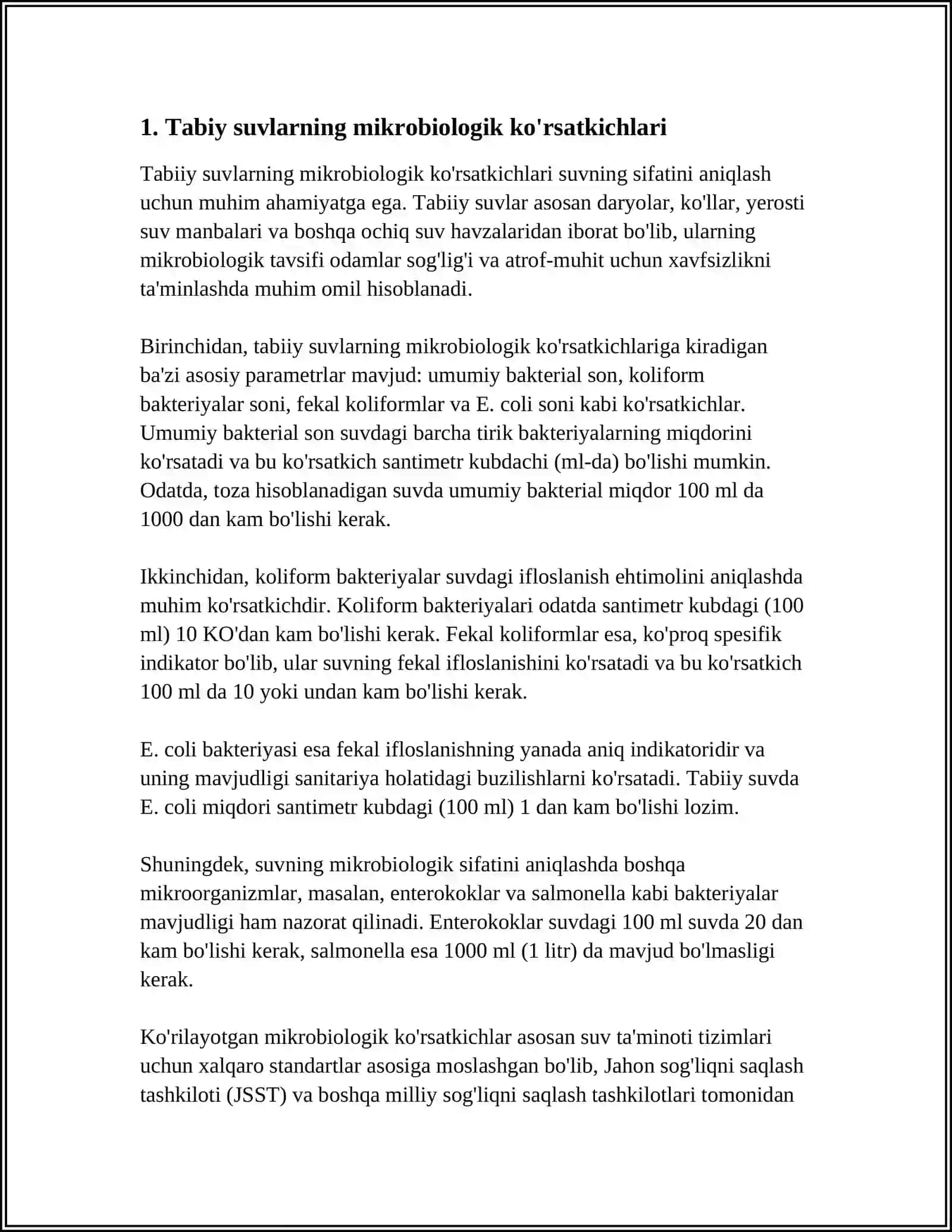 SANITARIYA-TOKSIKOLOGIK KO’RSATGICHLAR BO’YICHA TABIIY SUVLARNI SIFATINI TAHLIL QILISH 4