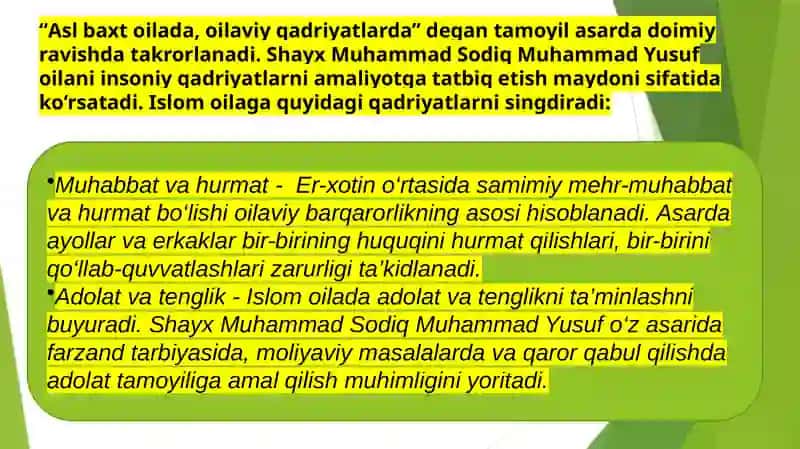 Shayx Muhammad Sodiq Muhammad Yusufning " Baxtiyor oila " asarida Islom qadriyatlarining talqini 4