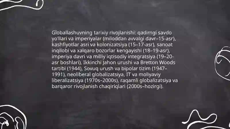 Globallashuv, globalizm va barqaror rivojlanishning ustuvor yo’nalishlari 4