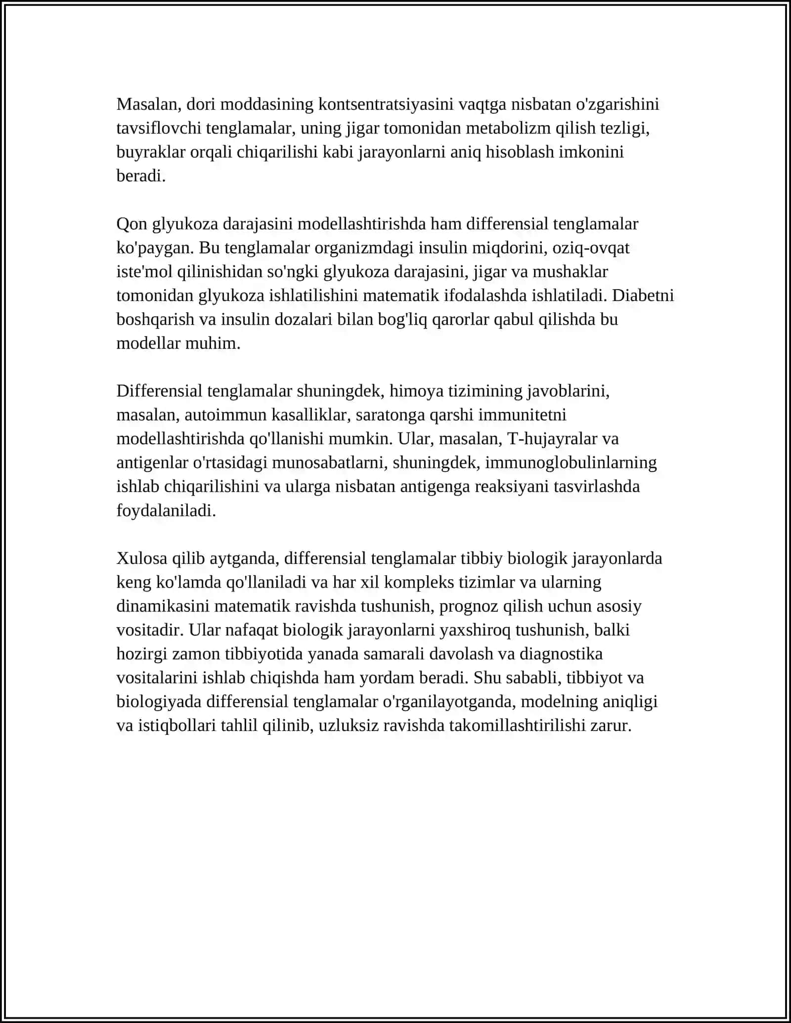 TIBBIY-BIOLOGIK MAZMUNDAGI DIFFERENSIAL TENGLAMALARNI TUZISH VA YECHISH 4