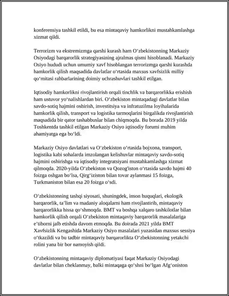 O'ZBEKISTONNING MARKAZIY OSIYODA TINCHLIK VA BARQARORLIKNI TA'MINLASHDAGI O'RNI 4