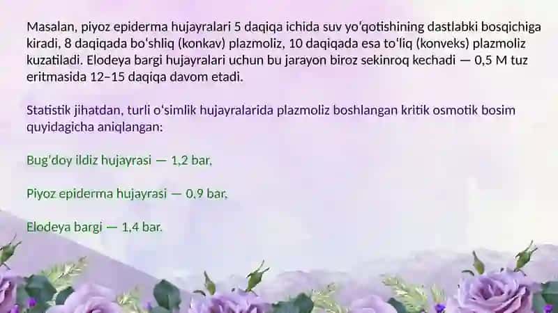 Plazmoliz va deplazmoliz hodisalarini turli oʻsimlik hujayralarida oʻrganish 4