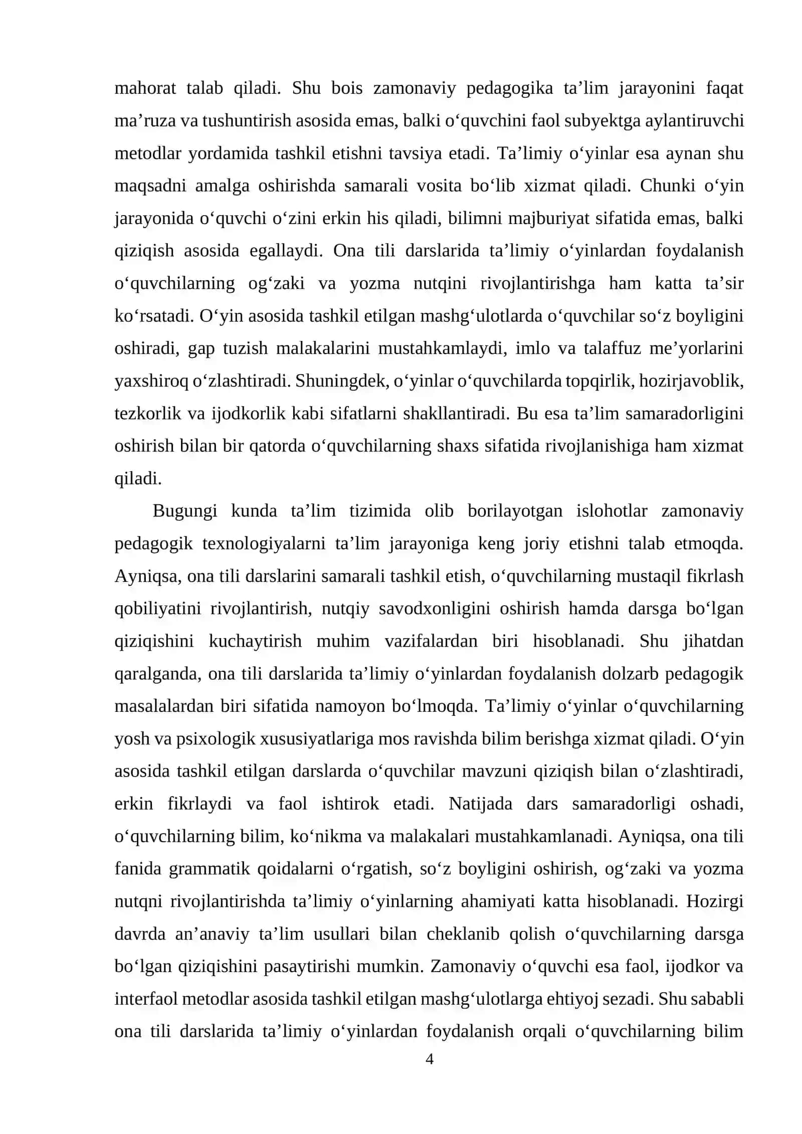 Ona tili darslarida tashkil qilinadigan talimiy oyinlarining turlari va mazmuni. 4