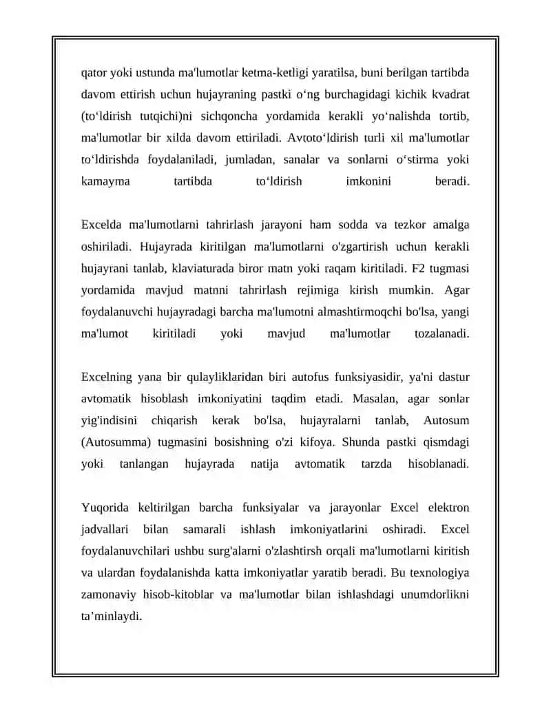 EXCEL ELEKTRON JADVALLAR BILAN ISHLASHI MALUMOTLARNI KIRITISH VA TAHRIRLASH.EXCEL DASTURIDA AVTOTO’LDIRISHLAR VA AVTOHISOBLASHLAR 4