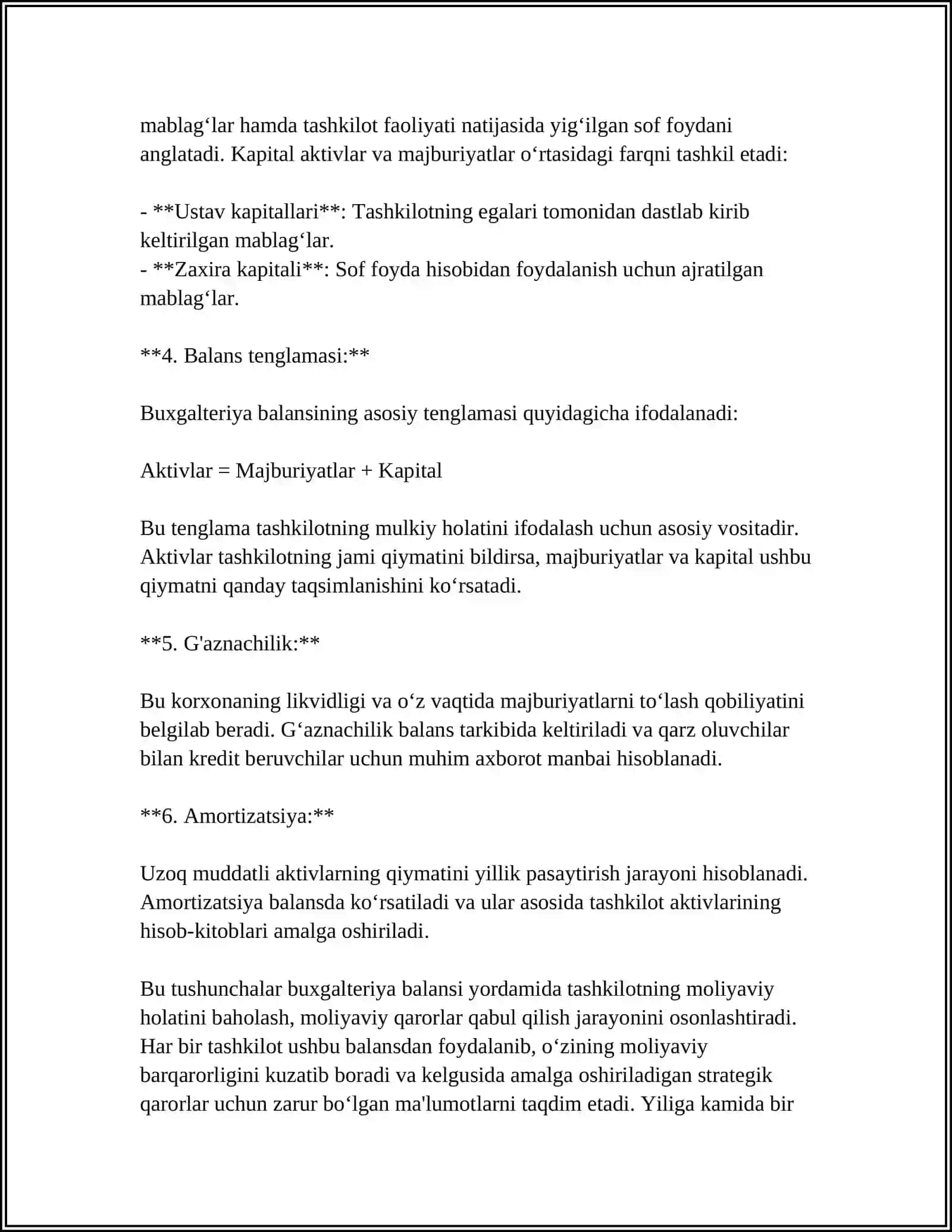 MUSTAQIL ISH Mavzu: BUXGALTERIYA BALANSI. “BALANS” TUSHUNCHASI VA UNINGIQTISODIY AHAMIYATI. BUXGALTERIYA BALANSININGMAZMUN-MOHIYATI VA TARKIBIY TUZILIS 4