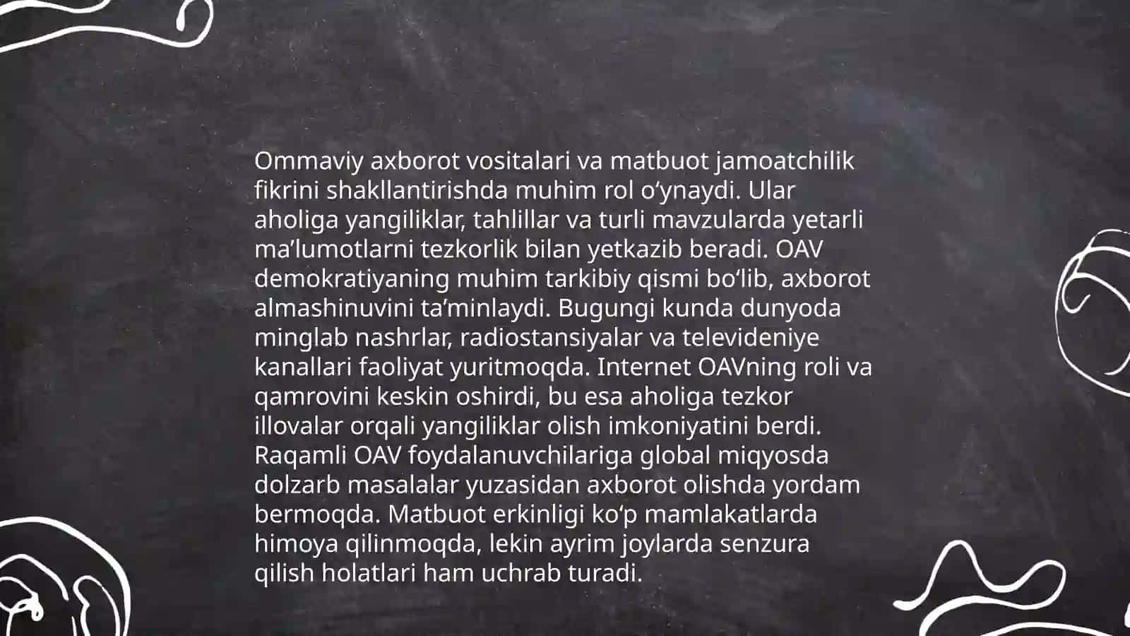 O'zbekiston Respublikasi so'z erkinligini taminlash:ommaviy axborot vositalari va matbuot 4