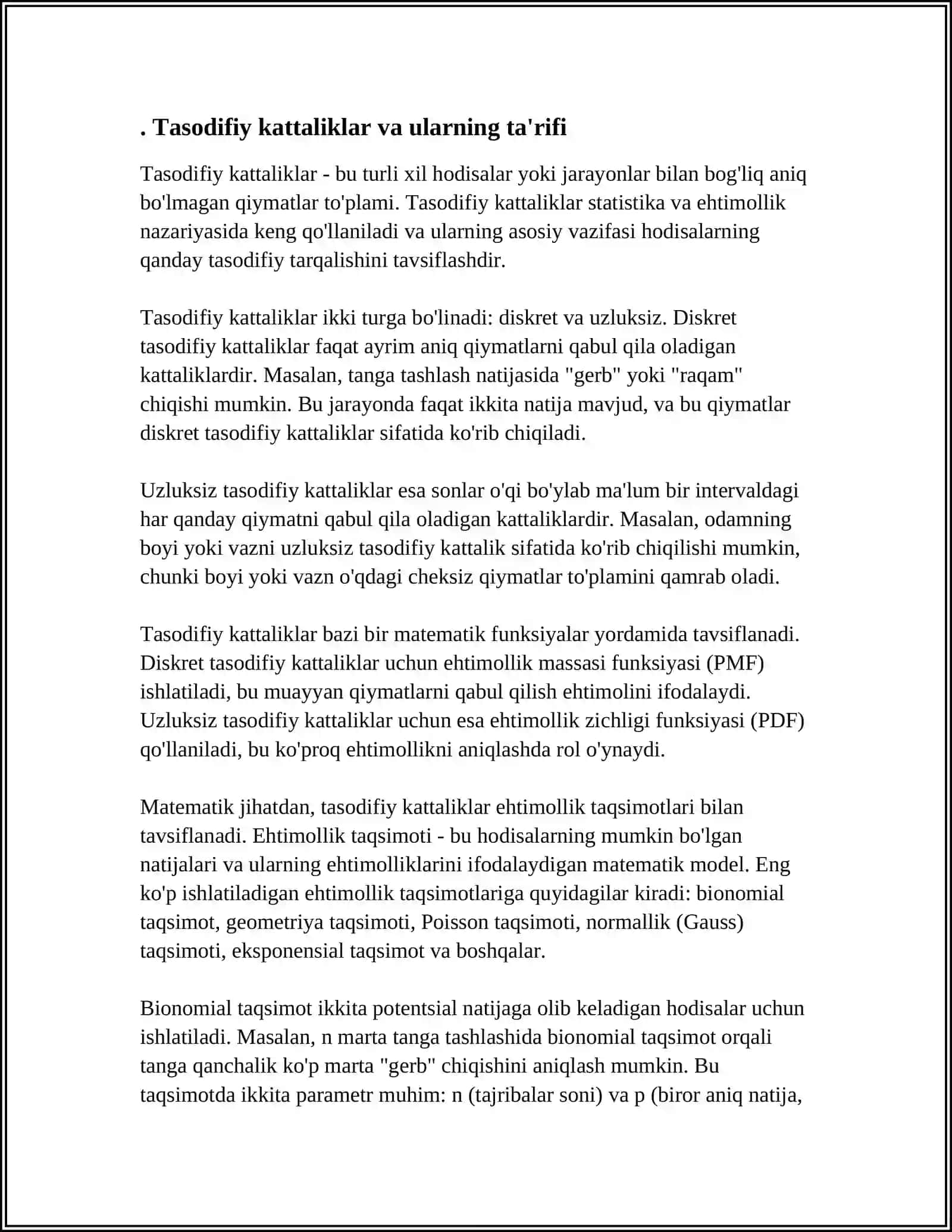 TIBBIY BIOLOGIK MASALA MISOLIDA MATEMATIK STATISTIKA ELEMENTLARNI GENERAL VA TANLOV MAJMUALARI TASODIFIY KATTALIKLAR TAQSIMOT QONUNINI YORITIB BERISH 4