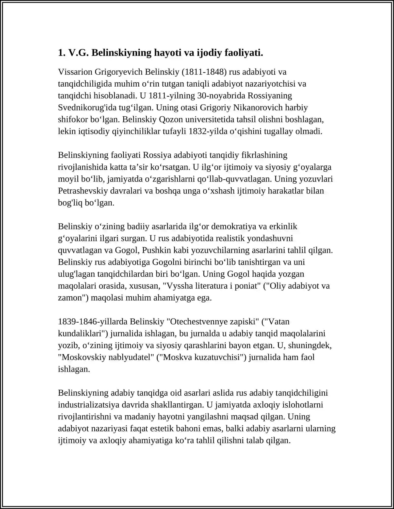 V.G.BELNSKINING "TANLANGAN ASARLAR"VA "ADABIY ORZULAR" ASARLARINI OʻQIB OʻRGANISH 4