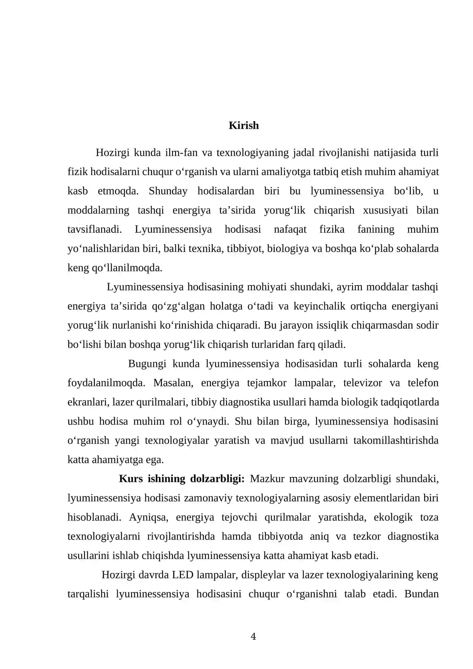 Lyuminessensiya hodisasi va uning qo’llanilishi mavzusida tayyor kurs ishi 4