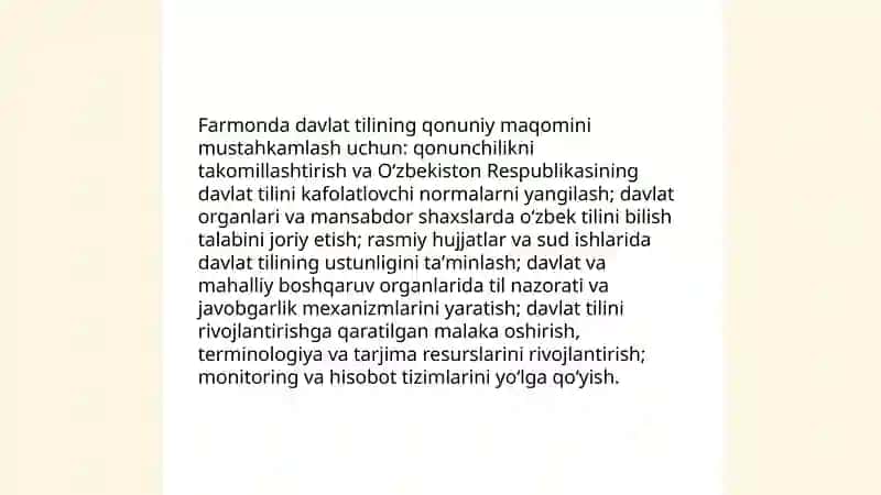 O'zbek tilining davlat tili sifatidagi nufuzi va movqeyini tubdan oshirish chora-tadbirlari to'g'risidagi farmon 4